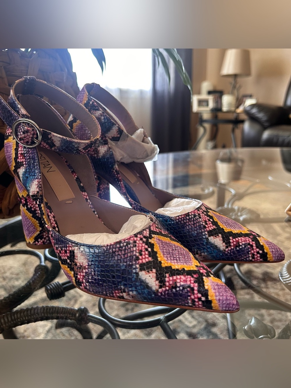 DELTAN Jami Multicolor Snake Print Ankle Strap Pumps.
